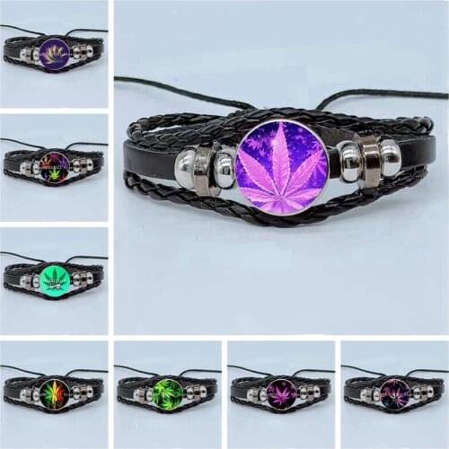 New Grass Leaf Picture Bracelet Glass Cabochon Multilayer Woven Leather Bracelet Jewelry