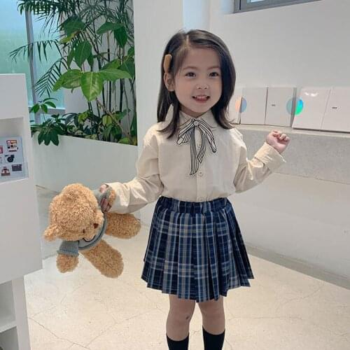 2021 Autumn New Arrival Girls Long Sleeve 2 Pieces Suit Blouses+plaid Skirt