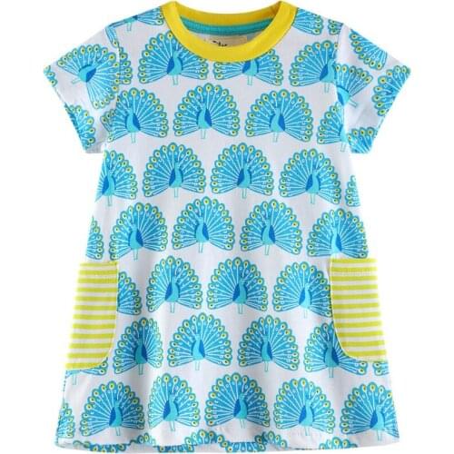 Girls O-neck Short Sleeve Casual Blue Peacock Summer A-line Top Dresses 100% Cotton Girls Streetwear Cool Dresses