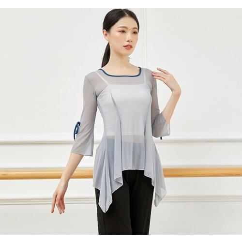 Adult Squre Neck Belly Dance Transparent Blouse Sheer Mesh Top Long Shirt Fairy Costume for Women Dancing Clothes Dancer Wear