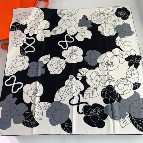 90cm Manual Hand Rolled Twill Silk Scarf Women Floral Print Square Scarves Wraps Echarpe Curled Foulards Femme Bandana Hijabs