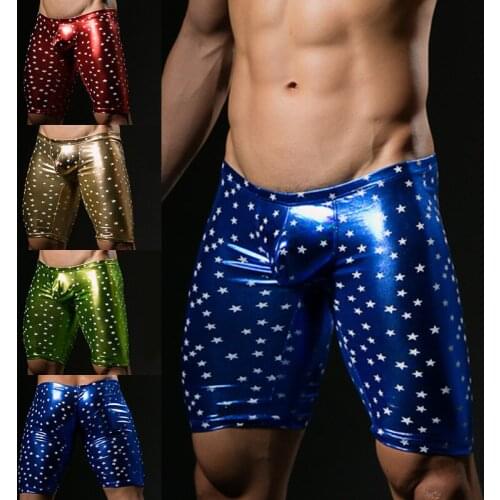 Mens Imitation Leather Bronzing Printing Stars Shaping Pants Men Club Catwalk Stage Show Shorts