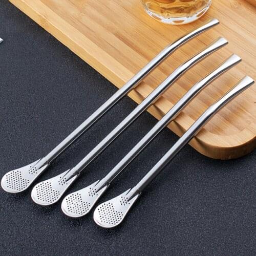 2Pcs Straw Spoon Tea Filter Long Handle Mixing Yerba Mate Drinking Straws Stainless Steel Bombilla Filter Teaspoon for Party