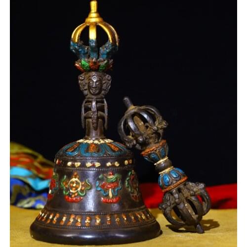 Tibet Buddhism Old Bronze Tracing Mahakala head statue Eight Treasures Pattern Rattle Bells Dorje Vajra set Town House