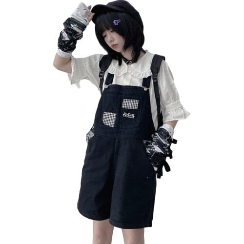 Harajuku Vintage Denim Overalls Women Jeans Shorts Summer Japanese Streetwear Plaid White Jumpsuit Girls Oversized Black Shorts