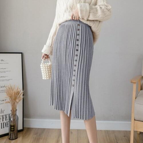 Knitted Skirt Womens Stretch Skirt Autumn Winter 2020 New Korean High-waist Pleated Skirt A-line Button Casual Sweater Skirt