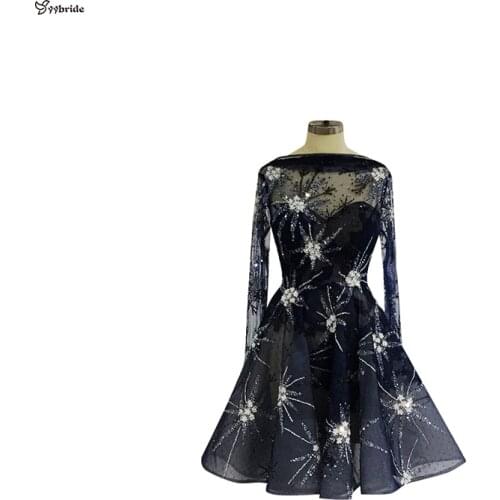 Surmount Long Sleeves Boat Neck Party Dresses Back V-neck Mini Skirt Homecoming Dresses Embroidery Beading Crystals Prom Dresses