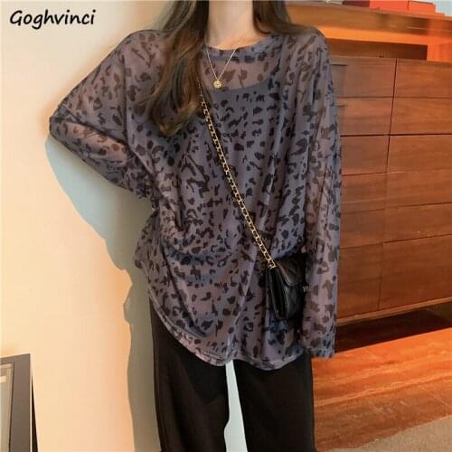 Leopard Long Sleeve T-shirts Women Design Chiffon O-neck Elegant Sun-proof Thin Summer All-match French Style Chic Tops Mujer BF