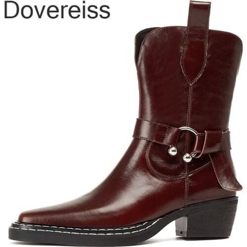 Dovereiss Fashion Winter New Sexy Pure Color Brown Elegant New Burgundy Zipper Genuine Leather Chunky Heels Ankle Boots 41 42