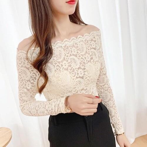 Womens Spring Summer Style Lace Blouses Shirt Womens Embroidery Slash neck Solid Color Long Sleeve Korean Elegant Tops SP8734