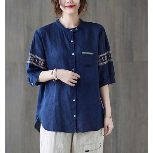 Women Cotton Linen Casual Shirts New 2021 Summer Vintage Style Stand Collar Embroidery Loose Female Half Sleeve Tops S3851