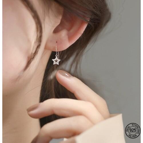 S925 Silver Star Drop Earrings For Women Short Hoop Hollow Shiny Zircon Ear Hook Korean Niche Design Female Jewelry Gifts Trendy