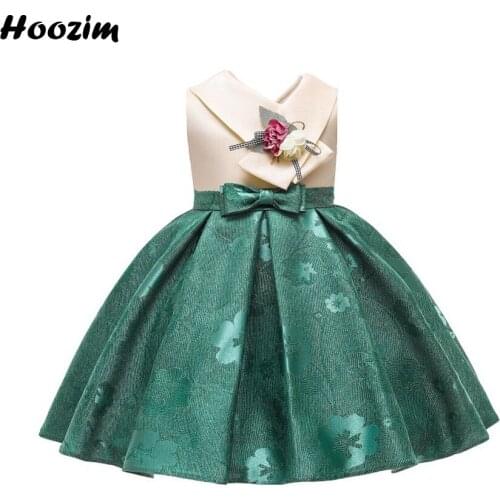 Luxury Turn Down Collar Applique Ruched Pageant And Red Carpet Dress Girls 4 To 10 Years Dark Green Floral Prom And Gala Dresses