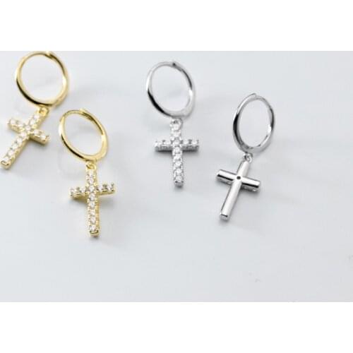 18K Gold Real. 925 Sterling Silver Fine jewelry Micro Pave CZ Cross hoop huggie ear earrings Religion C-G7484