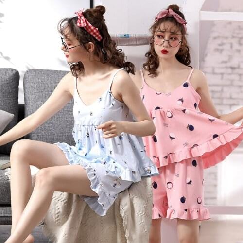 2021 Summer Sexy Lingerie Spaghetti Strap 100% Cotton Shorts Pajama Sets for Women Sleepwear Suit Homewear Pijama Mujer Clothes