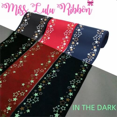 3"75mm Star White Ink Print Glow in the Dark Hologram Gold Foil Solid Color Grosgrain Ribbon DIY Hair Bowknots 50yards/roll