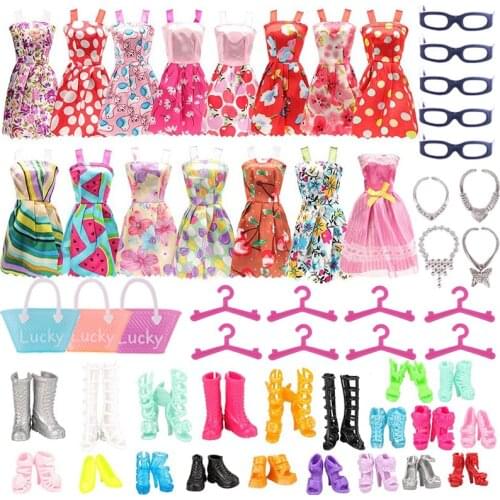 40/Set Doll Accessories =10 Pcs Doll Clothes Dress + 5 Glasses + 4 Necklace + 1 Bags +10 Hanger +5 Pairs Shoes For Barbies Doll