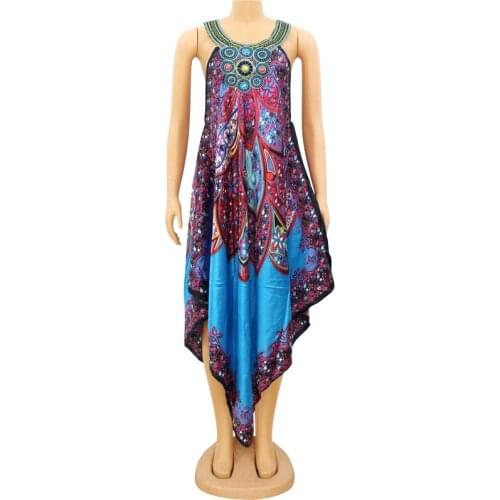 Asymmetrical Beach African Dresses Spaghetti Strap Diamonds Embroidery Floral Printed Women Sexy Club Party Dresses