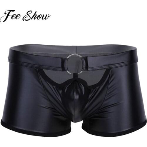 Mens Lingerie Patent Leather Boxer Shorts Underwear Underpants with O-Ring Sexy Leopard Male Boxer Sissy Underwear Gay Men Boxer