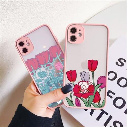 Rose and Cute Rabbit Phone Case for iphone 6s 7 8 plus SE 2020 11 12 Pro Max X XS MAX XR Hard Back Shockproof Cover Fundas Shell