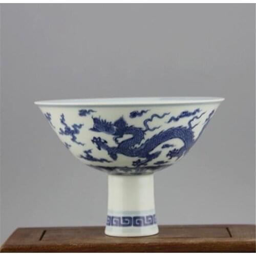Antique MingDynasty porcelain bowl,Blue& white drgaon high bowl,Hand-painted crafts,Decoration,collection &Adornment
