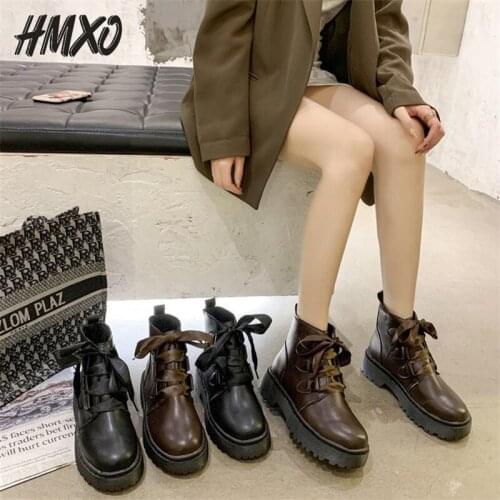 HMXO Short Boots Women Autumn Retro Thick-soled Straps Round Toe Martin Boot Thick-soled Thick-heeled Casual Women Leather Boots