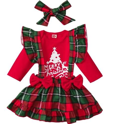 3 Pieces Baby Clothes Suit Letter Print O-Neck Long Sleeve Romper Plaid Suspender Skirt Headband 0-24 Months Childrens Clothing