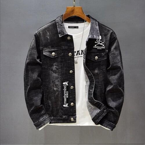 Fashion Mens Clothing Spring Autumn Black Denim Jacket Hip Hop Streetwear Youth Skulls Pattern Embroidered Jean Jackets Outwear