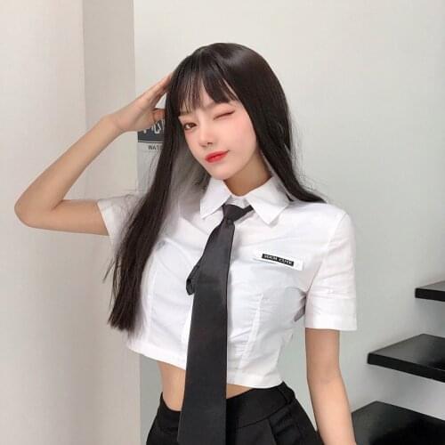 Mazefeng 2020 Women Fashion Casual Women Short Sleeve Crop Tops Female tie Casual White Shirts Ladies Blouses turn-down collar