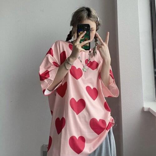 Summer Kawaii Sweet Heart-Shaped Graphic Short-Sleeved T-Shirt For Girls College Clothing Korean Fashion e Girl Woman Blouse