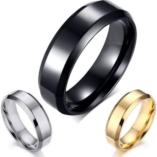 Simple 6mm Wide Male Ring Black / Gold / Silver Color Stainless Steel Engagement Wedding Ring for Men Women Ring Promise Jewelry