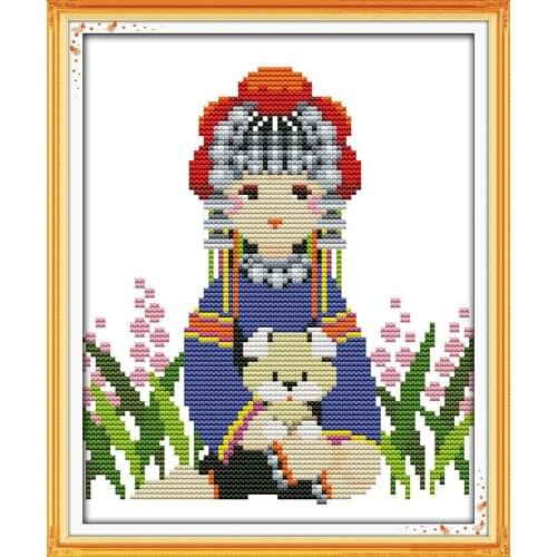 Ethnic minority girl cross stitch kit cartoon girl print stamped 14ct 11ct hand embroidery DIY handmade needlework supplies bag