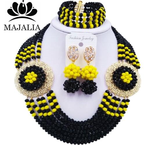 Majalia Romantic Nigeria Wedding African Beads Jewelry Set Black and Opaque yellow Crystal Necklace Bridal Jewelry Sets 6OP003