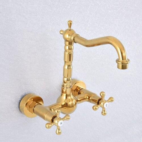 Polished Gold Color Brass Wall Mounted Double Cross Handles Bathroom Kitchen Sink Faucet Mixer Tap Swivel Spout asf622