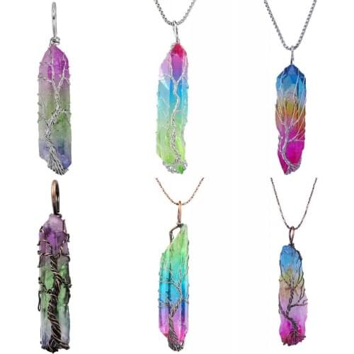 SUNYIK Natural Titanium Angel Aura Quartz Crystal Point Wire Wrapped Tree of Life Pendant Necklace (Free Chain)