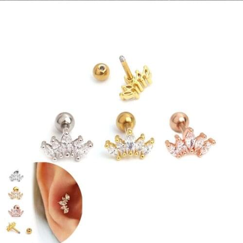 Clear Crystal Crown Earring TRAGUS Helix Bar Cartilage Screw Fashion In Ear Flat Back