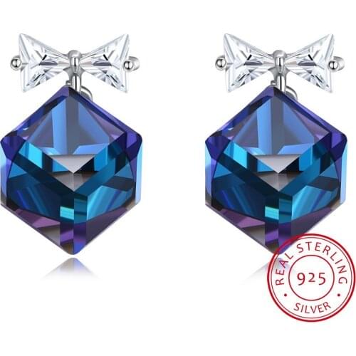 LEKANI Brand 925 Sterling silver Square Crystals Earrings For Women Fashion Stud Earrings Wedding Office Jewelry