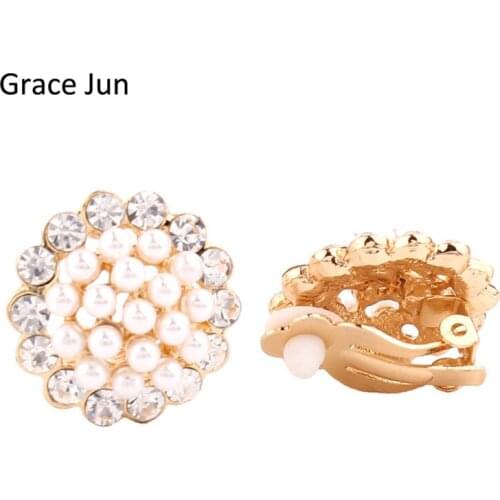 Grace Jun High Quality Full Rhinestone Clip on Earrings No Piercing Pearl Round Shaped no hole ear clip Earring for Women Gift