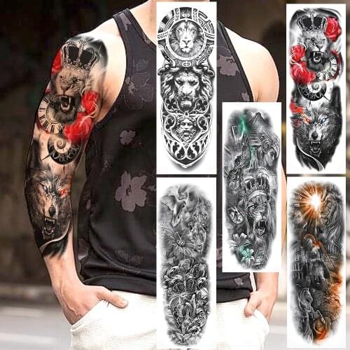 Long Lion Full Arm Temporary Tattoos For Men Women Lion King Of Beasts Tatoo Body Leg Art Henna Fake Wolf Animal Tattoo Stickers