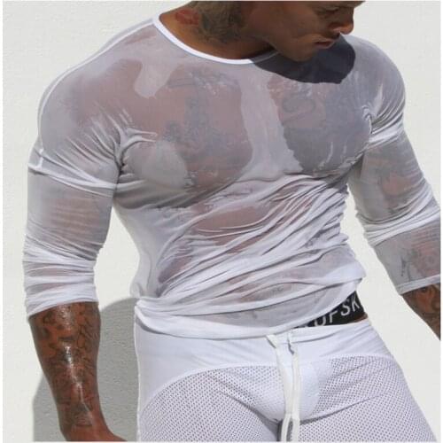 High Quality Male Sleep Tops Hot Sexy Men Sheer Mesh Ultra Transparent Shirt Tops Underwear Exotic Sleepwear Free Shipping