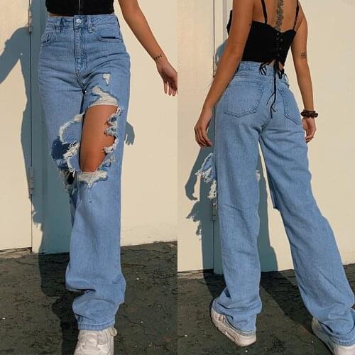 2021 Summer New Jeans Loose Personality Ripped Straight Casual Blue Denim Trousers Women