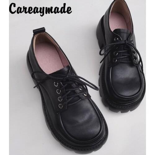 Careaymade-Genuine Leather lace up simple fashion work shoes womens high heel thick sole breathable original single shoes