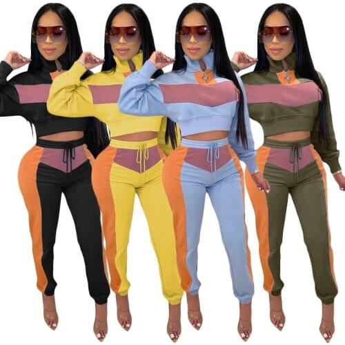 Women 2 Piece Sets Womens Outfits Sports Contrast Color Casual Suitstitching Long-sleeved Jacket Pencil pants Jogger Sports Suit