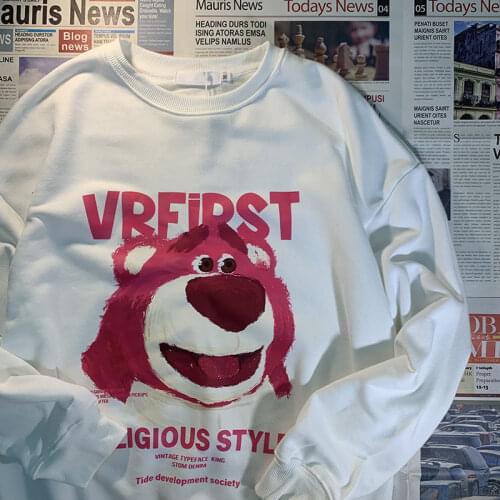 Womens Hoodies Pullover American Streetwear Retro Bear Print Womens Early Autumn Thin Loose Ulzang Hoodies Women Sweatshirt