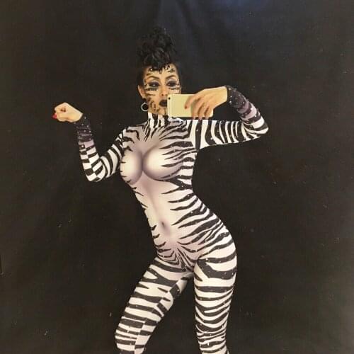Women Sexy Zebra Striped Print Sparkling Rhinestone Jumpsuit Nightclub Party Celebrate Singer Performance Stage Wear Bodysuit
