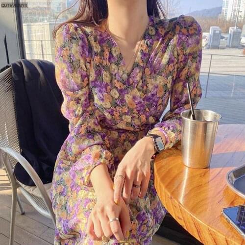 Purple Chiffon Vestidos femme 2020 Elegant Spring Summer Dress for Women Chic V-neck Floral High Waist Female Dress