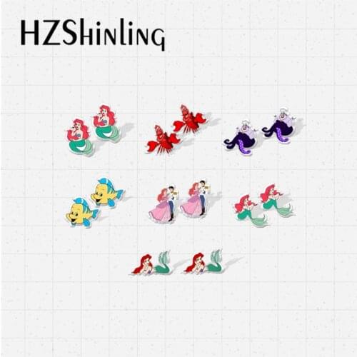 2021 New Arrival Kawaii Little Mermaid Ariel Princess Epoxy Acrylic Resin Stud Earrings for Children