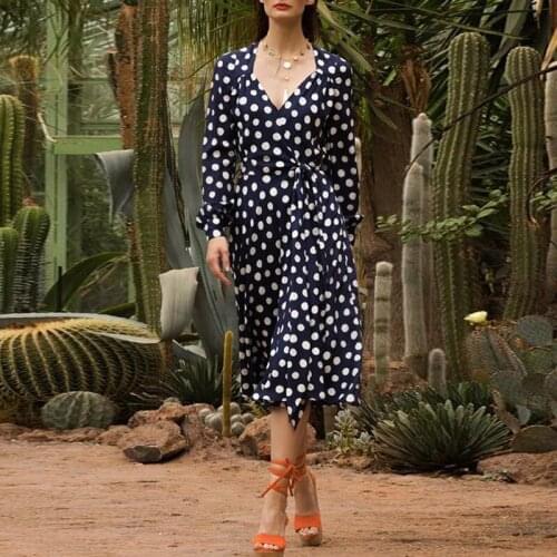 2021 Autumn Designer Dress Women Blue Dot Printed Long Sleeve High Quality Elegant Slim Belt Party Dresses