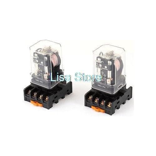 AC 220V Coil Voltage 8 Terminals DPDT Electromagnetic Power Relay 2 Pcs w Base