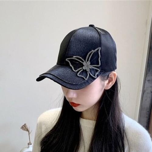 Butterfly Rhinestone Baseball Cap Silk Satin Visor Sun Hat For Women Leisure Adjustable Snapback Baseball Hat